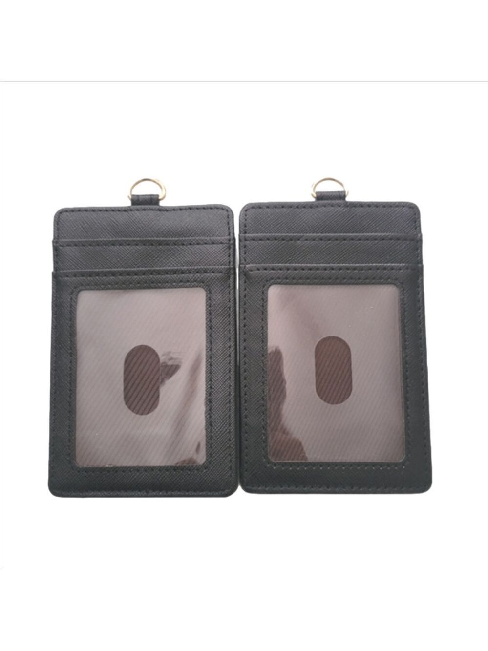 2 black leather badge or license holders with card slots and clip for lanyard